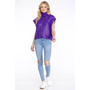 Metallic Foil Short Sleeve Sweater Top: PURPLE