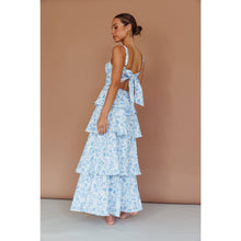 Load image into Gallery viewer, TIE UP TIERED SKIRT MAXI DRESS: BLUE / XS