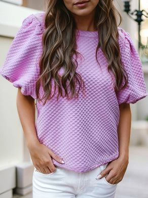 Solid Textured O Neck Puff Sleeve Blouse | 3 Colors: Phalaenopsis / L