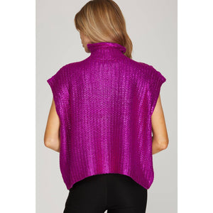 Metallic Foil Short Sleeve Sweater Top: PURPLE