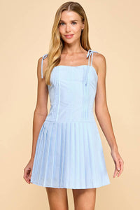 Adjustable Straps Pleated Detail Dress: Baby Blue / M