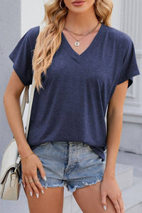 V-neck short sleeve overfit basic white t-shirt tee top: Navy / L