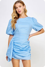 Load image into Gallery viewer, Ruched Short Puff Sleeve Voile Mini Dress: Burgundy / L