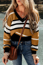 Load image into Gallery viewer, Striped V-Neck Dropped Shoulder Sweater