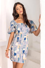 Load image into Gallery viewer, Piping Contrast Vase Print Mini Dress: Blue Multi/off-white / S