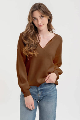 SPLIT NECK DROP SHOULDER KNIT PULLOVER SWEATER: CINNAMON