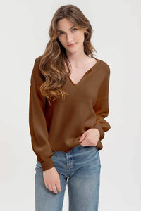 SPLIT NECK DROP SHOULDER KNIT PULLOVER SWEATER: OATMEAL