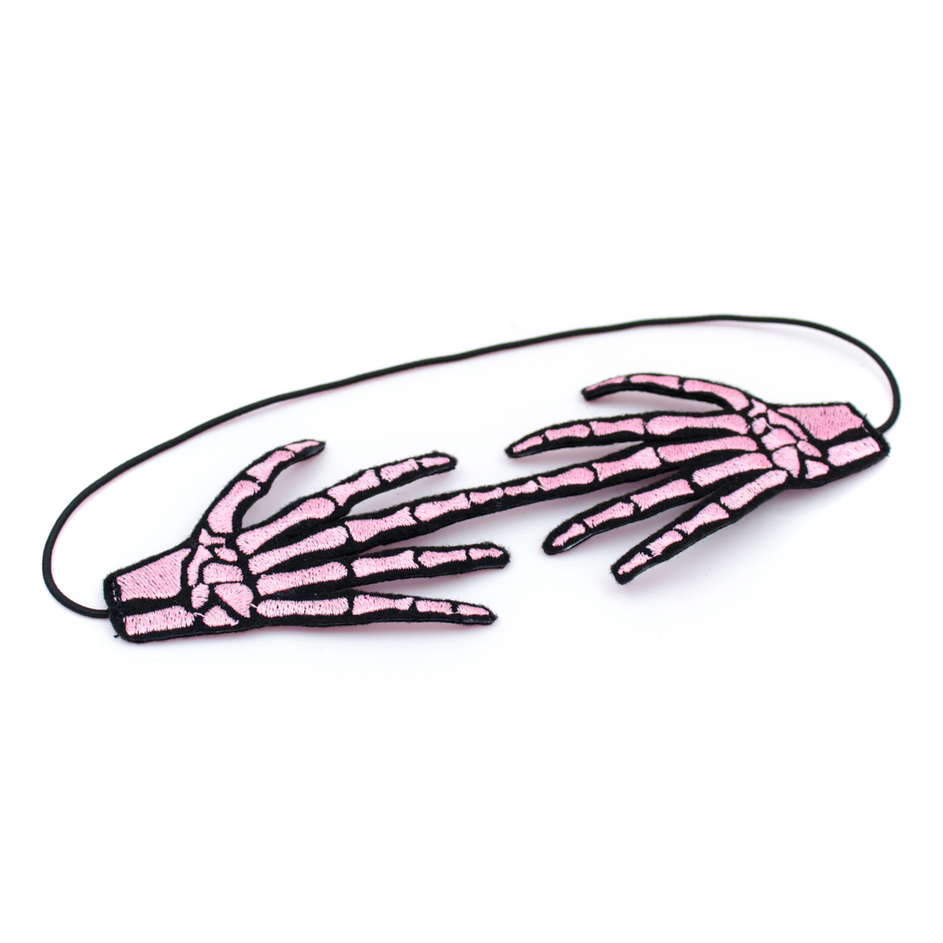 Embroidered Skeleton Hand Headband: Pink