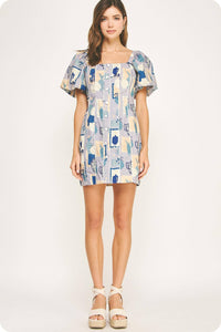 Piping Contrast Vase Print Mini Dress: Blue Multi/off-white / S