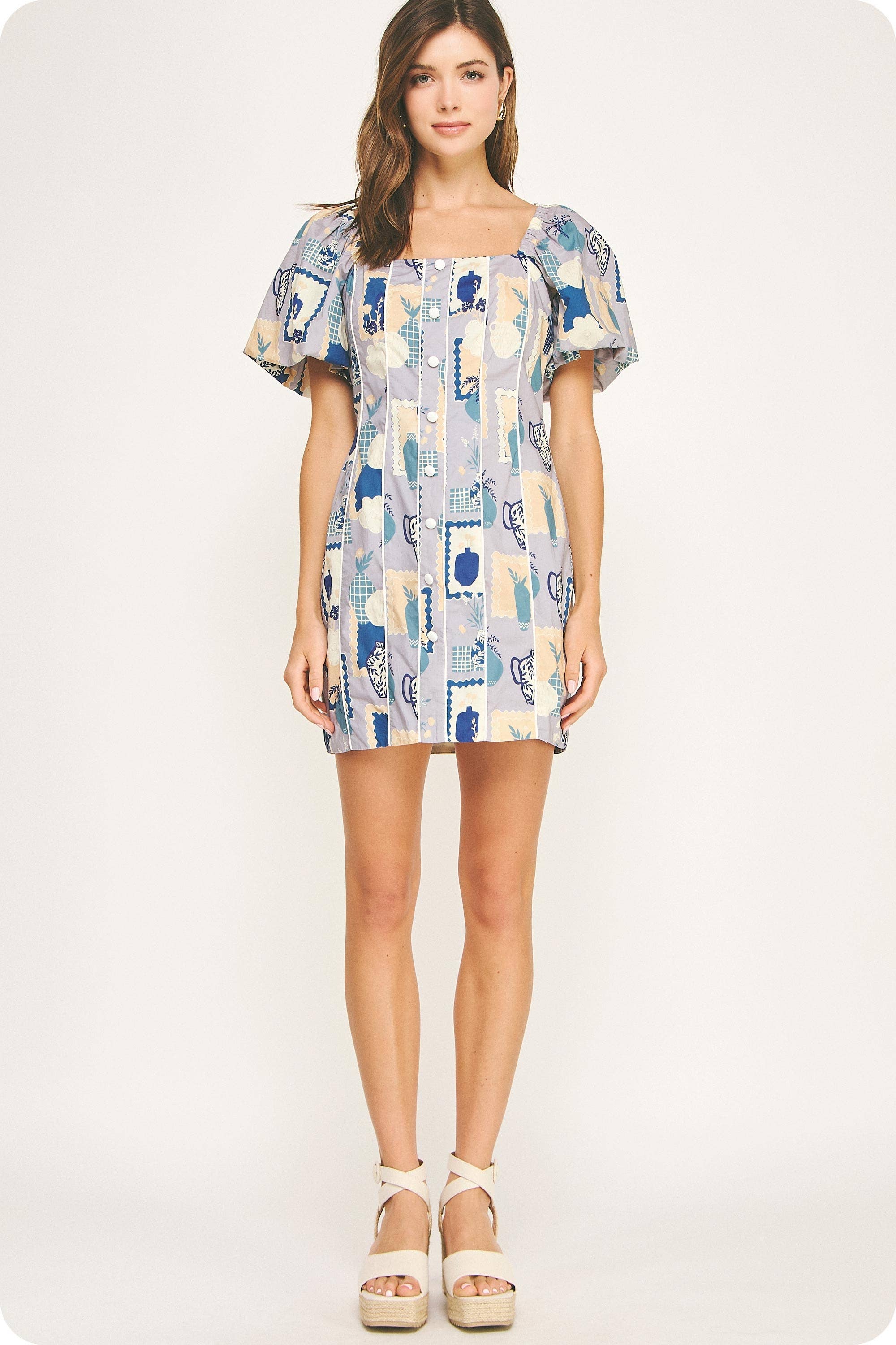 Piping Contrast Vase Print Mini Dress. Rush
