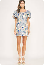 Load image into Gallery viewer, Piping Contrast Vase Print Mini Dress: Blue Multi/off-white / M