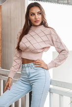 Load image into Gallery viewer, Openwork Plaid Round Neck Cropped Sweater