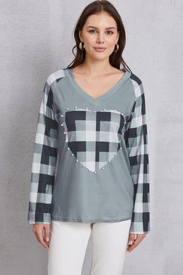 Pearl Detail Plaid V-Neck T-Shirt