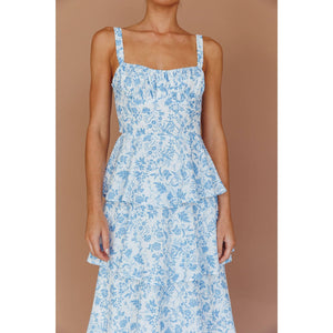 TIE UP TIERED SKIRT MAXI DRESS: BLUE / S