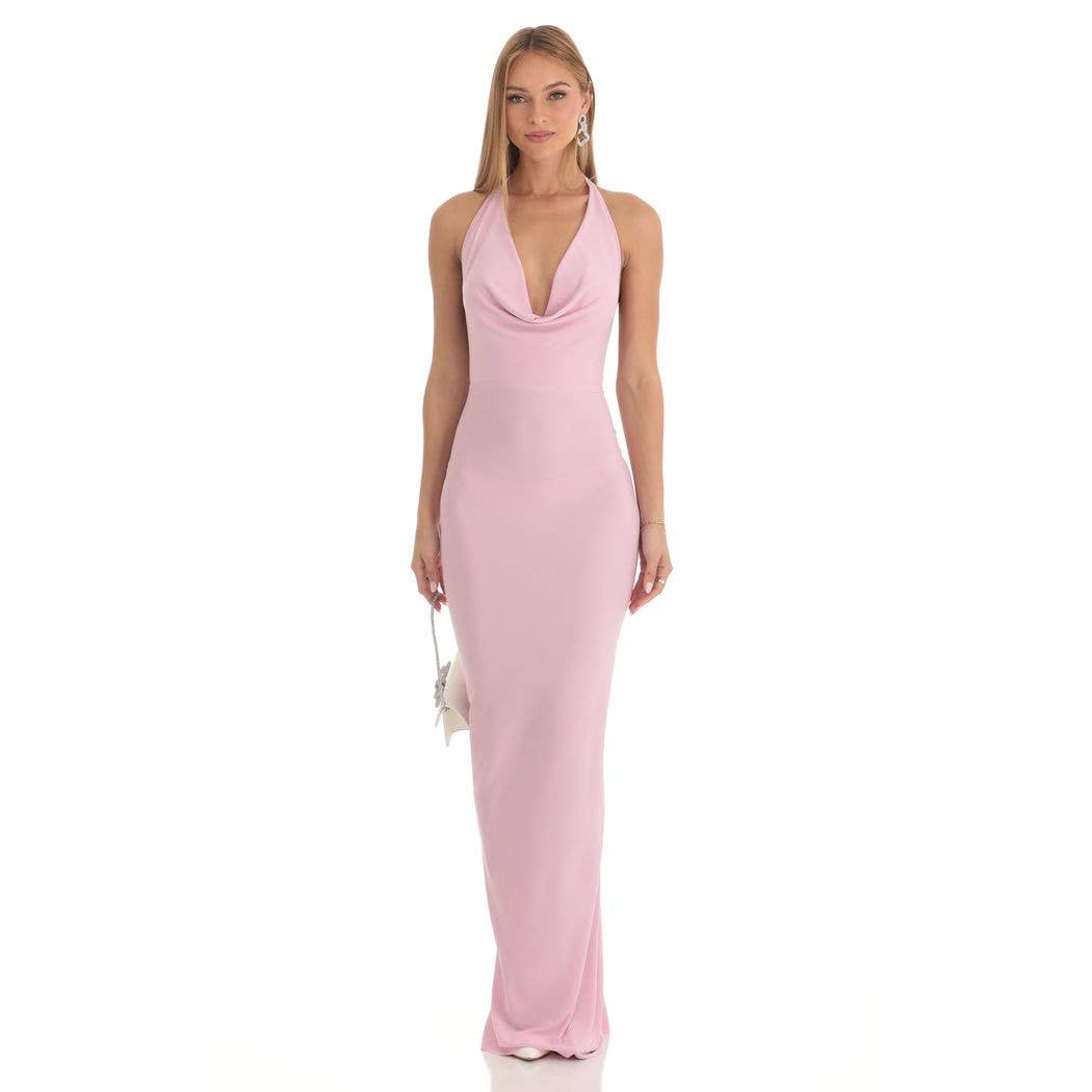 Gathered Back Halter BodyCon Maxi Dress in Pink: L