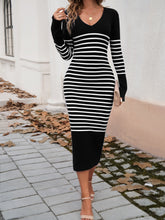 Load image into Gallery viewer, Devine Striped V-Neck Long Sleeve Sweater Dress