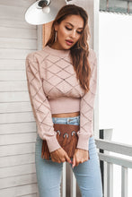 Load image into Gallery viewer, Openwork Plaid Round Neck Cropped Sweater