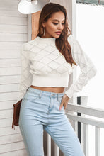 Load image into Gallery viewer, Openwork Plaid Round Neck Cropped Sweater