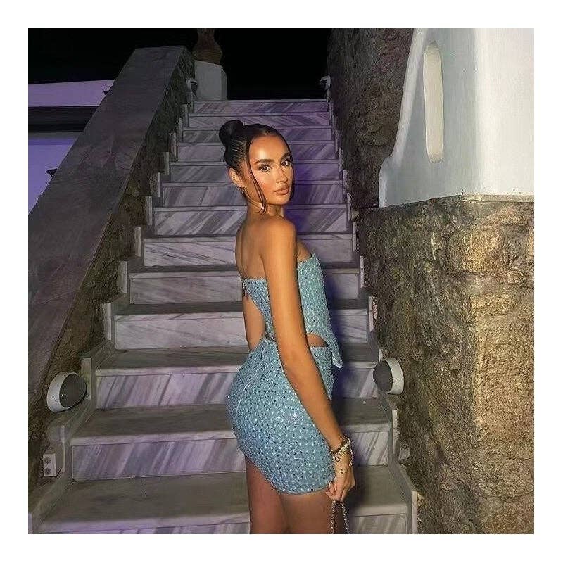 Fashionable Denim Ripped Sequin Mini Skirt Bandeau Set