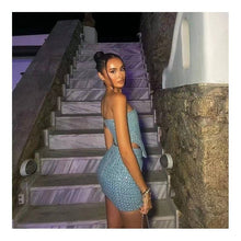 Load image into Gallery viewer, Fashionable Denim Ripped Sequin Mini Skirt Bandeau Set