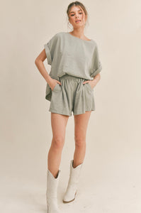 Oversized Short Sleeve Top with Belted Shorts Set