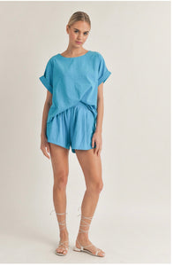 Oversized Short Sleeve Top with Belted Shorts Set