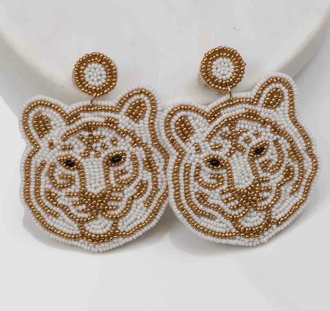 Tiger Beaded Earrings white with Gold trim