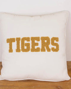 Tigers Embroidered Pillow Soft White/Gold 16x16