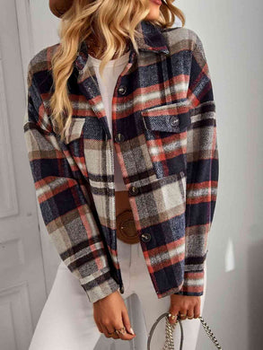Double Take Plaid Button Front Brushed Shacket with Breast Pockets