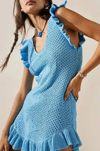 Load image into Gallery viewer, Low cut Ruffle Crochet Knit Beach Cover Up Dress: Blue / M