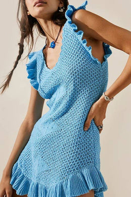 Low cut Ruffle Crochet Knit Beach Cover Up Dress: Blue / M