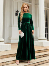 Load image into Gallery viewer, Tie Front Round Neck Long Sleeve Maxi Dress