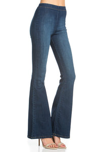 zipper back faded denim flare dark wash