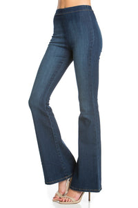 zipper back faded denim flare dark wash