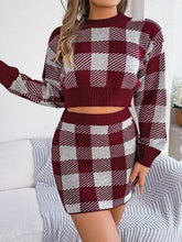 Load image into Gallery viewer, Plaid Round Neck Top and Skirt Sweater Set