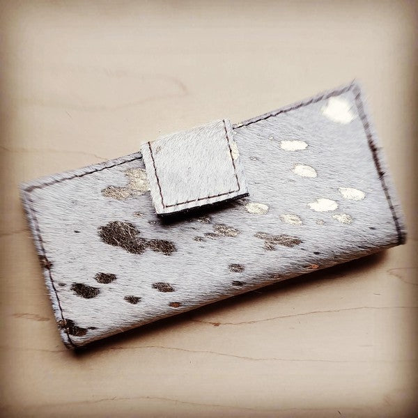 Hair Hide Leather Wallet in White Gold w/ Snap