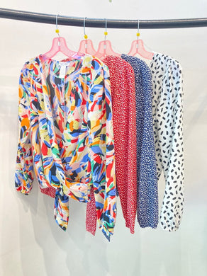 Printed surplice long sleeve blouse top