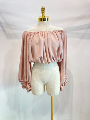 Scoop neck shirred blouse top balloon sleeve