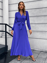 Load image into Gallery viewer, V-Neck Tie Waist Pleated Maxi Dress