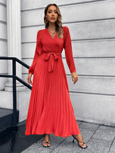 Load image into Gallery viewer, V-Neck Tie Waist Pleated Maxi Dress