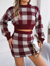 Load image into Gallery viewer, Plaid Round Neck Top and Skirt Sweater Set