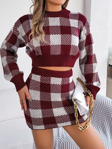 Plaid Round Neck Top and Skirt Sweater Set