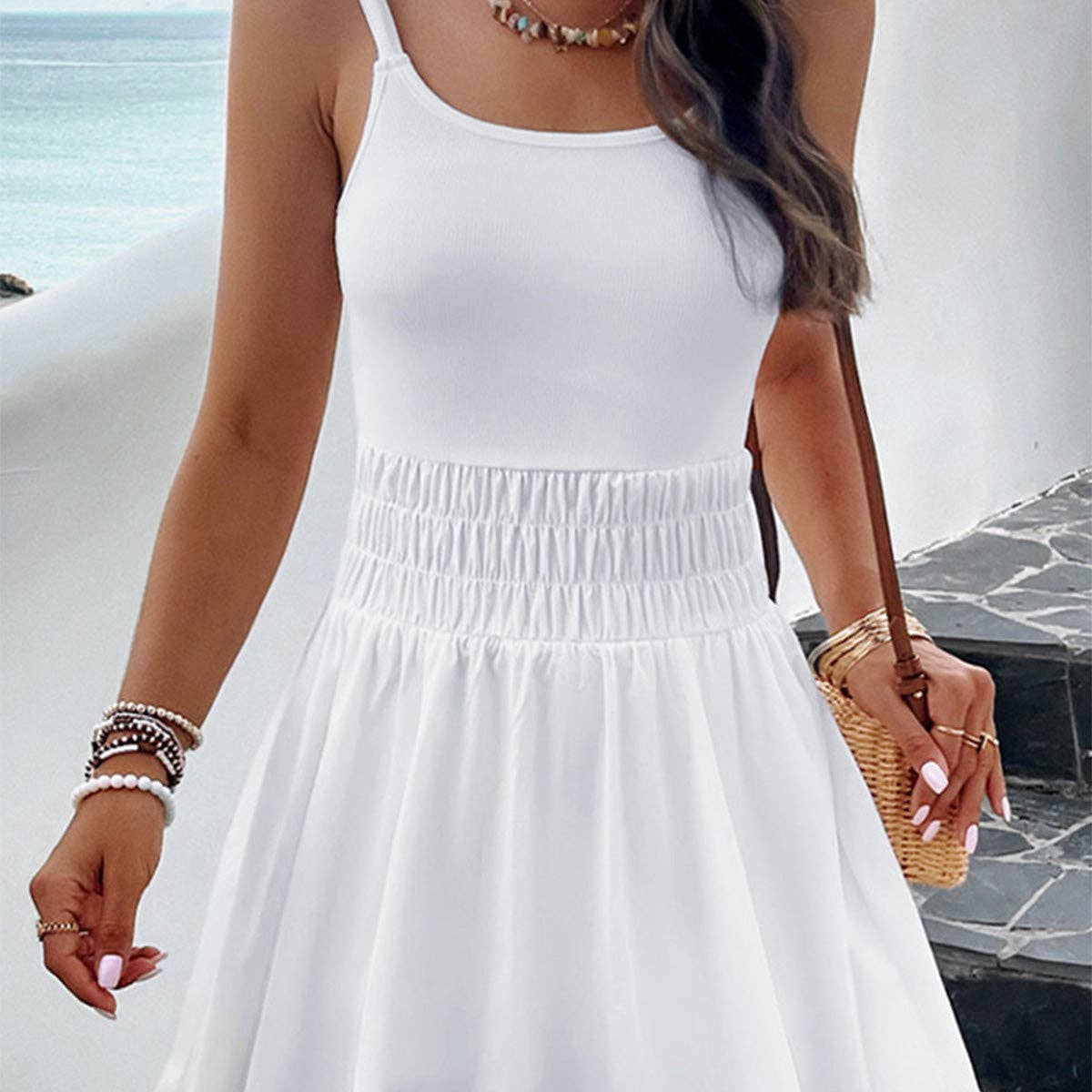 Solid Smocked Sleeveless Mini Dress: S / White