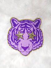 Load image into Gallery viewer, Purple Tiger Mascot Star Eyes Large Chenille Iron-on Patch