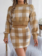 Load image into Gallery viewer, Plaid Round Neck Top and Skirt Sweater Set