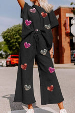 Load image into Gallery viewer, Heart Sequin Short Sleeve Top and Drawstring Pants Lounge Set