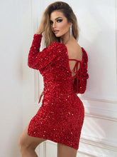 Load image into Gallery viewer, Sequin Sweetheart Neck Tie Back Long Sleeve Slit Dress