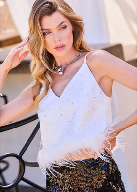 V-neck adjustable shoulder rhinestone/feather top