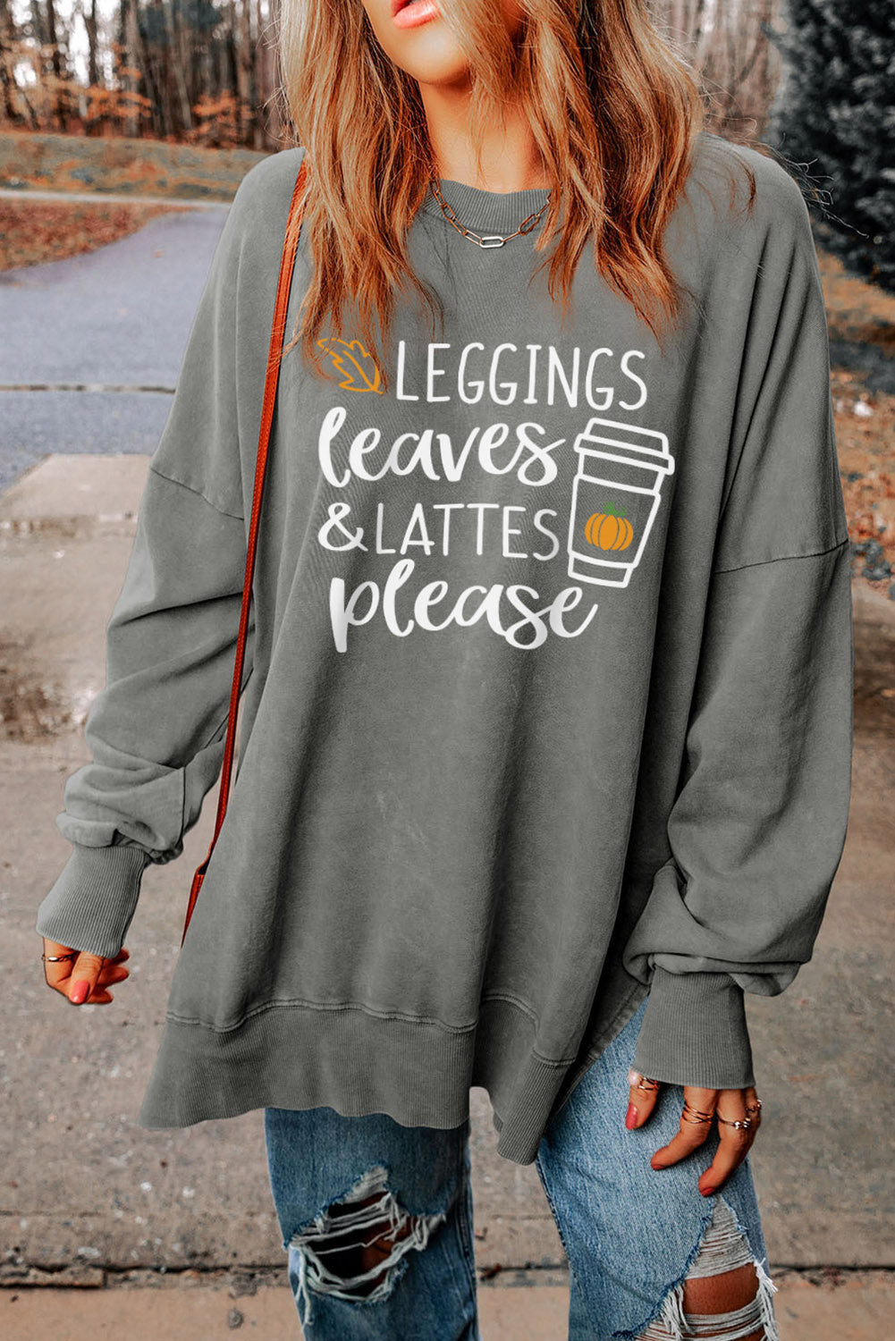 Round Neck Dropped Shoulder LEGGINGS LEAVES LATTES PLEASE Graphic Sweatshirt