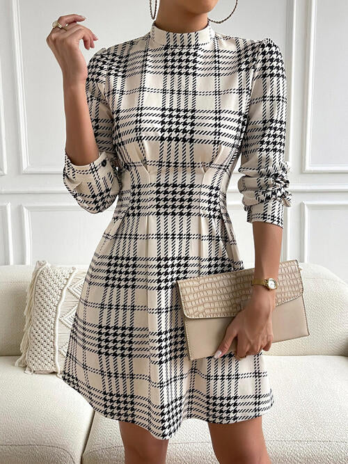 Houndstooth Mock Neck Cinched Mini Dress (warehouse 7-10days)